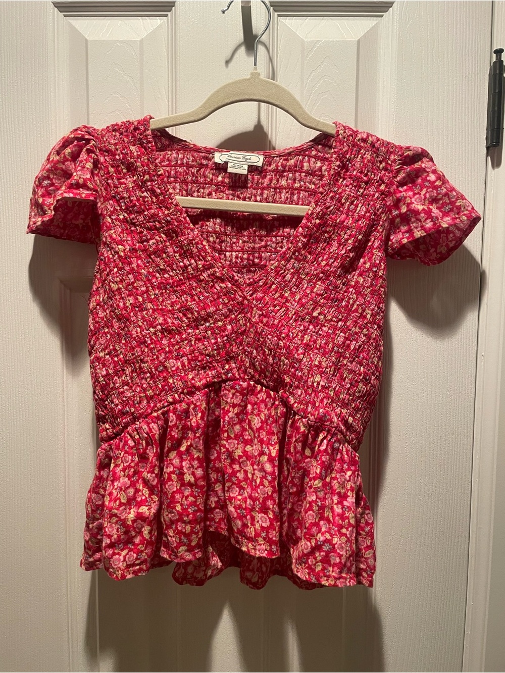 American Eagle Outfitters Pink Red Floral Smocked Peplum Top